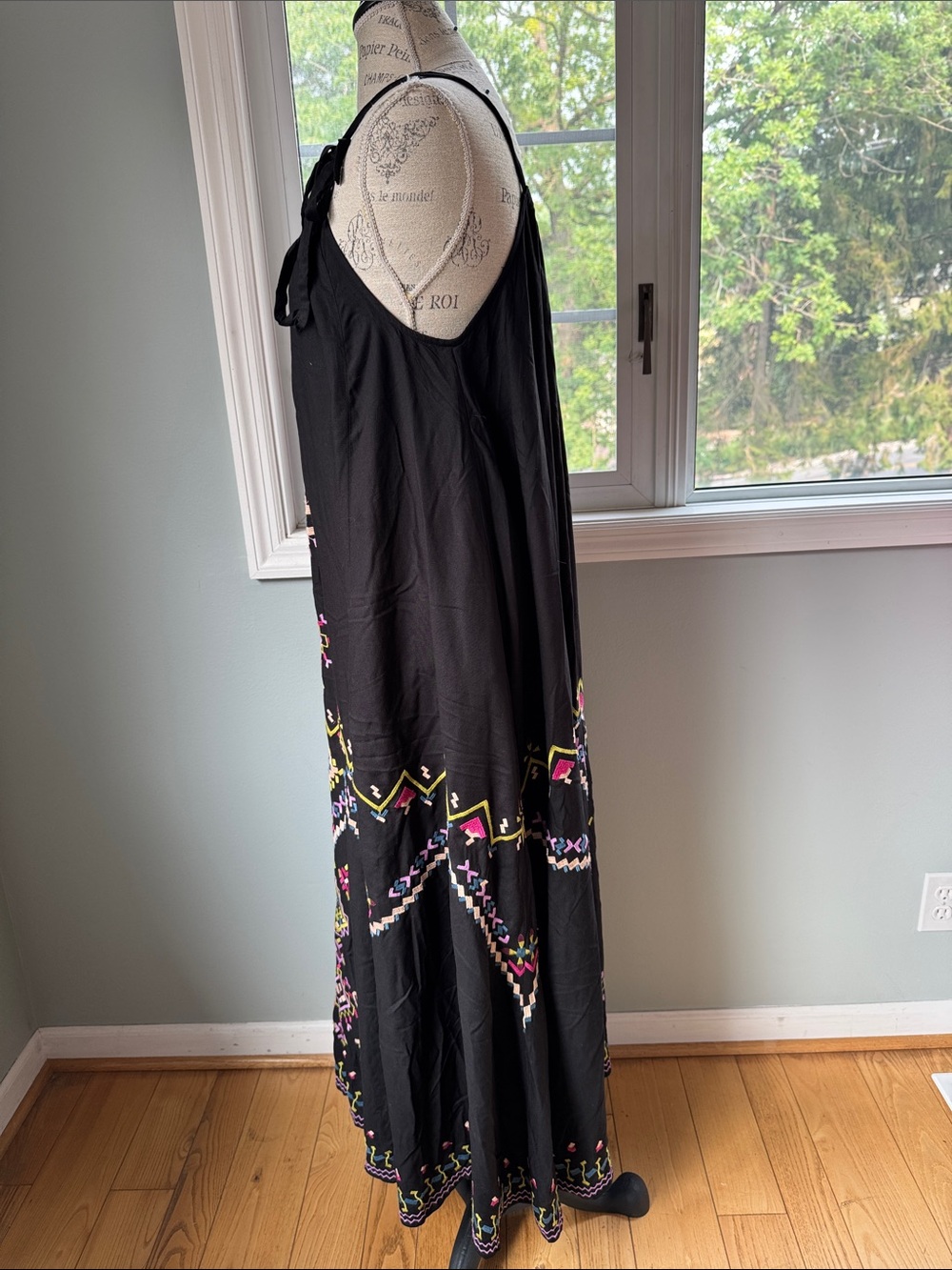 Anthropologie boho spaghetti strap black viscose embroidered full dress EUC S/M - Picture 5 of 10